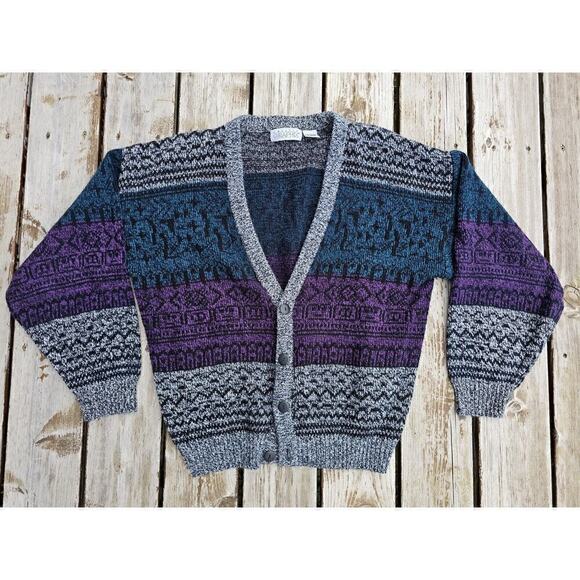 Sweater Graphix Other - VTG Cardigan Sweater Sz M Men's Sweater Graphix 80s 90s Black Green Purple